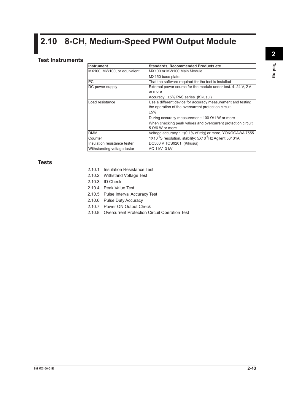 10 8-ch, medium-speed pwm output module, 10 8-ch, medium-speed pwm output module -43, Test instruments | Tests | Yokogawa PC-Based MX100 User Manual | Page 72 / 189