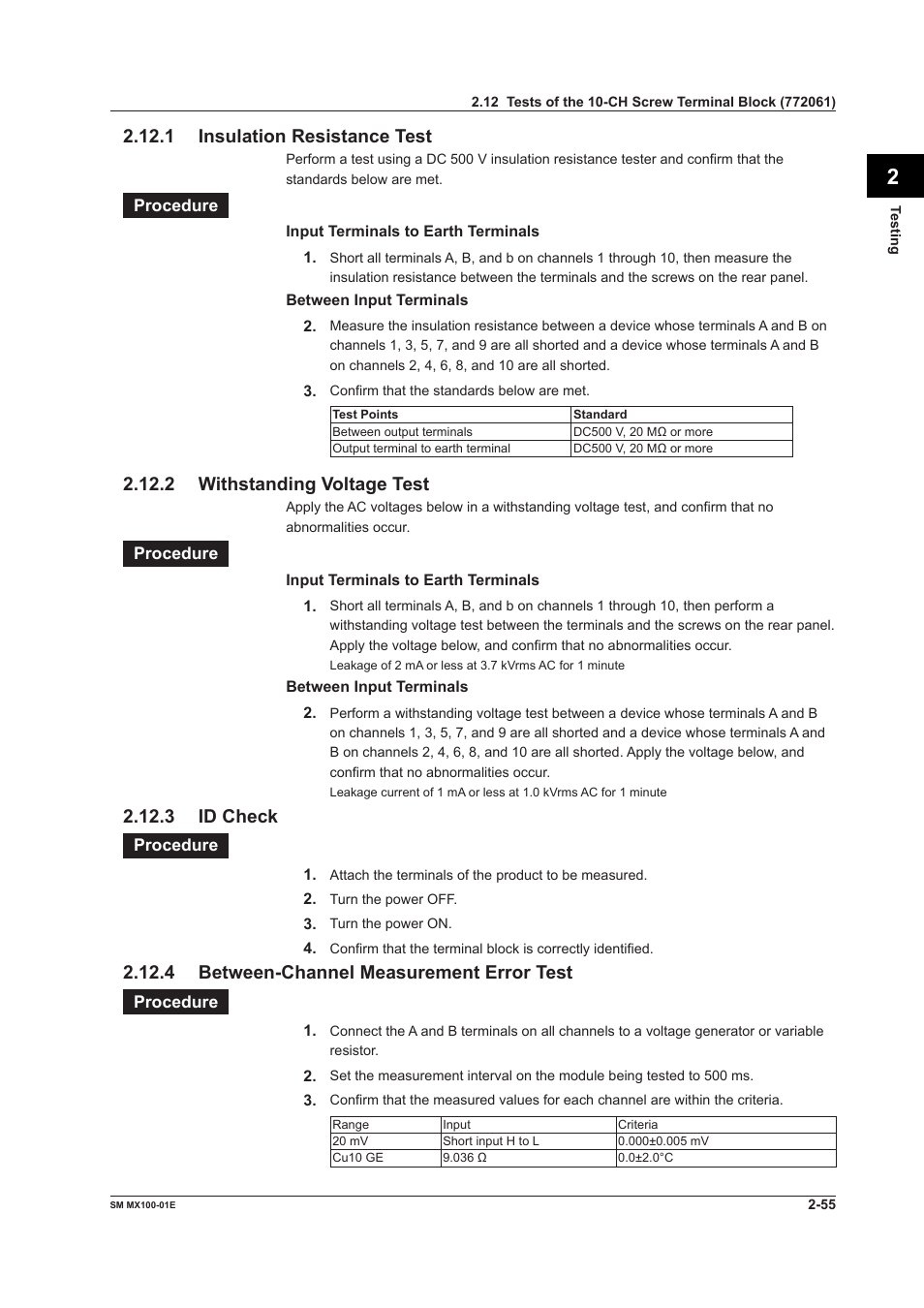 2 withstanding voltage test, 3 id check, 4 between-channel measurement error test | Yokogawa PC-Based MX100 User Manual | Page 84 / 189