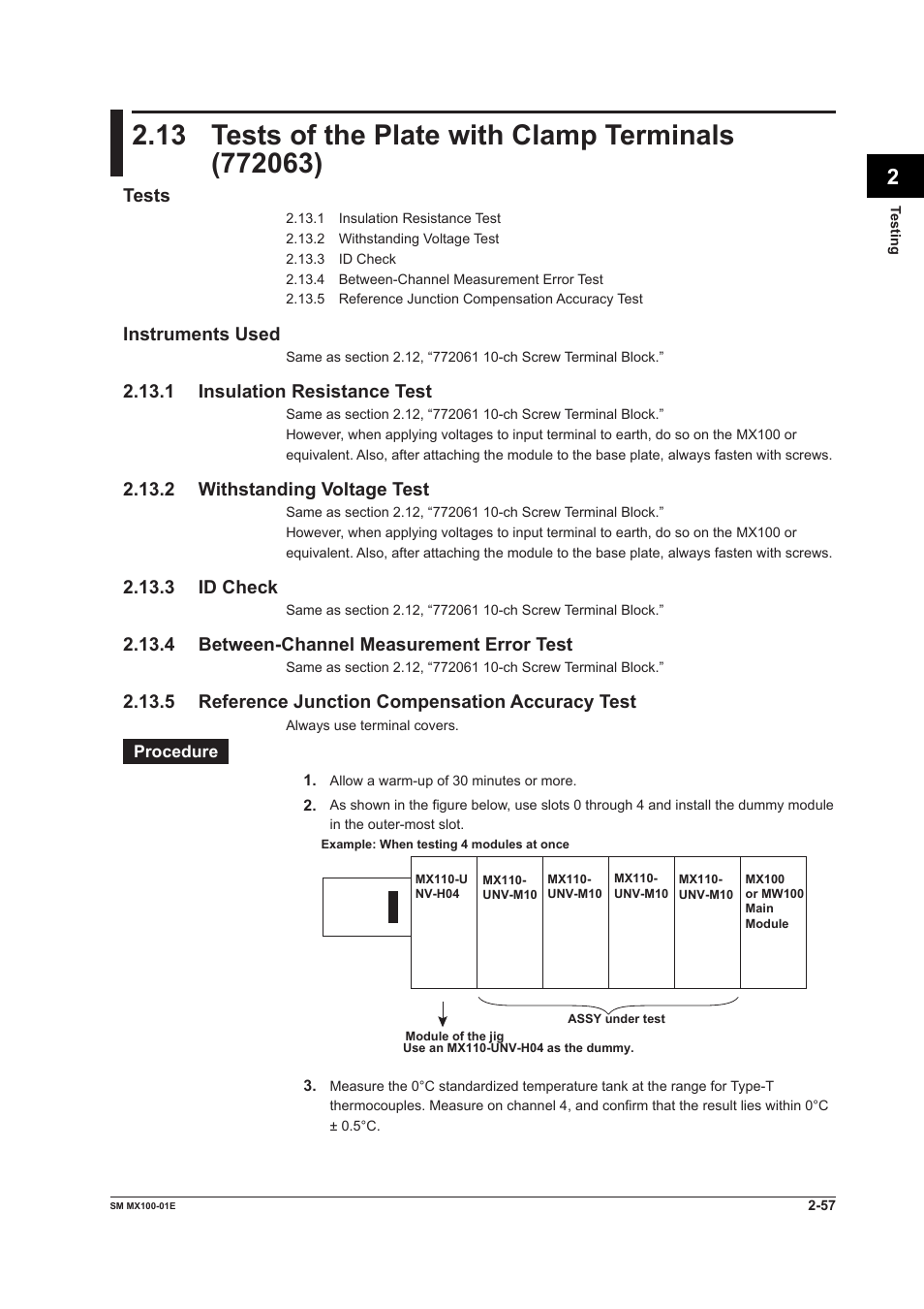 Tests, Instruments used, 1 insulation resistance test | 2 withstanding voltage test, 3 id check, 4 between-channel measurement error test, 5 reference junction compensation accuracy test | Yokogawa PC-Based MX100 User Manual | Page 86 / 189