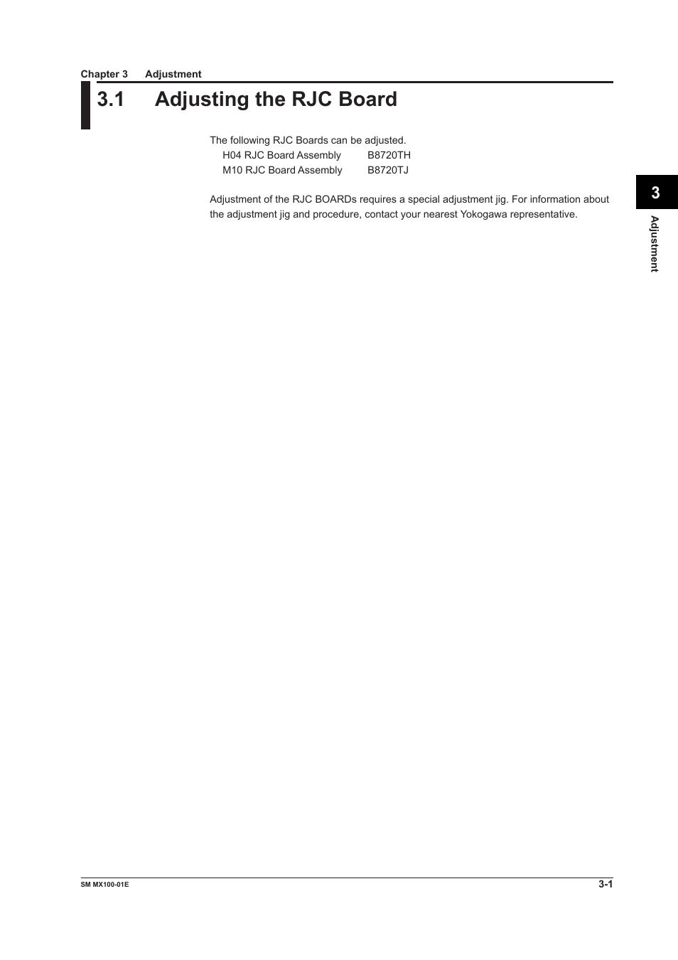 Chapter 3 adjustment, 1 adjusting the rjc board, Adjusting the rjc board -1 | Yokogawa PC-Based MX100 User Manual | Page 88 / 189