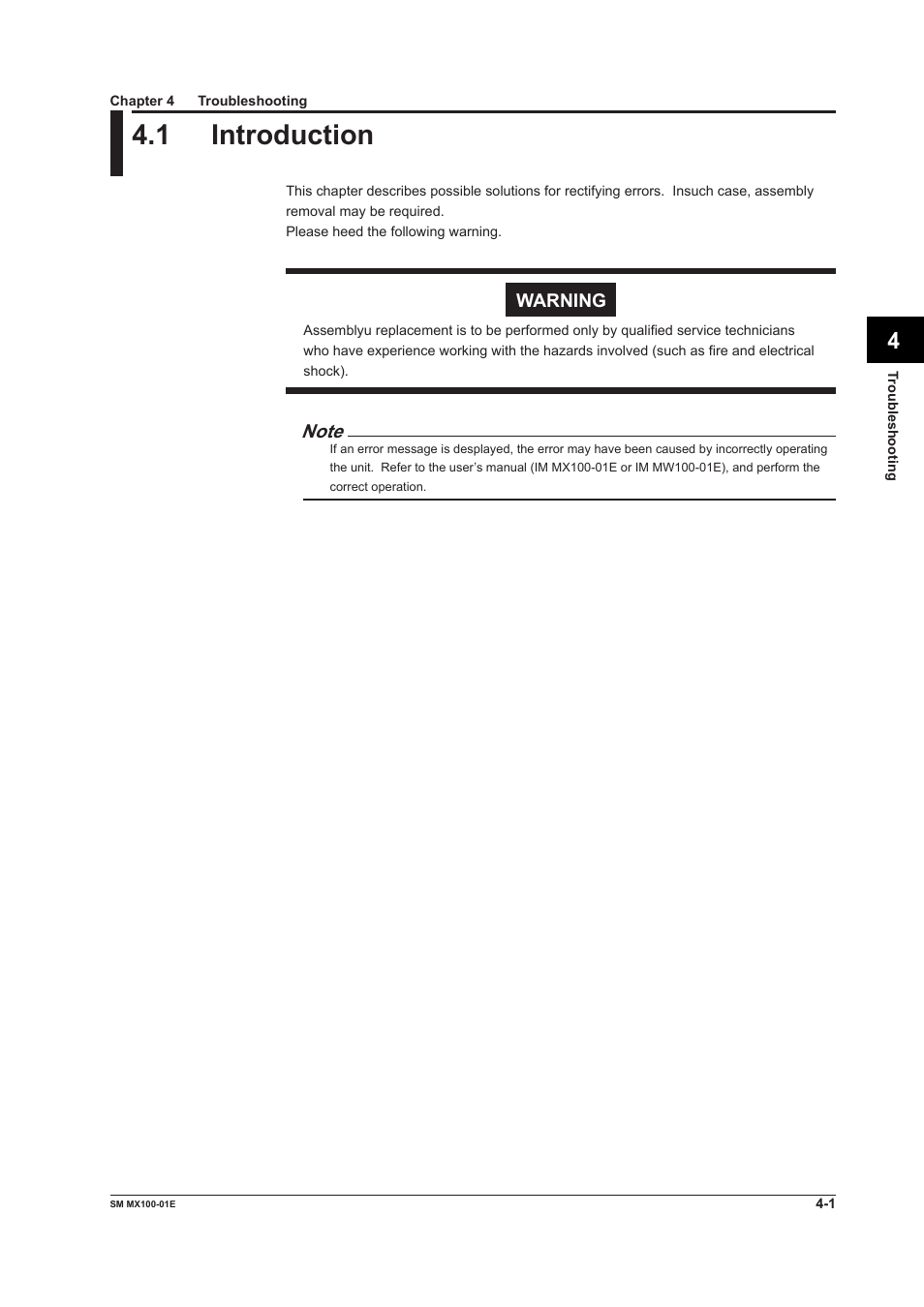 Chapter 4 troubleshooting, 1 introduction, Introduction -1 | Yokogawa PC-Based MX100 User Manual | Page 89 / 189