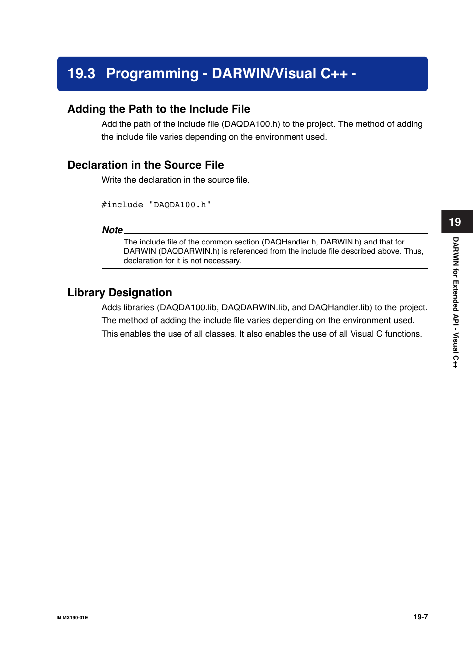 3 programming - darwin/visual c, Programming - darwin/visual c++ -7, Adding the path to the include file | Declaration in the source file, Library designation | Yokogawa PC-Based MX100 User Manual | Page 1001 / 1264