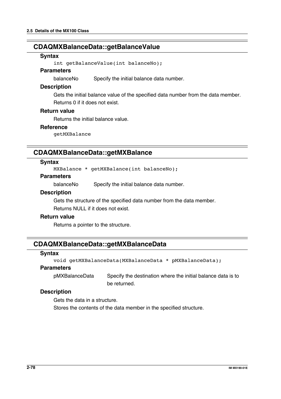 Cdaqmxbalancedata::getbalancevalue, Cdaqmxbalancedata::getmxbalance, Cdaqmxbalancedata::getmxbalancedata | Yokogawa PC-Based MX100 User Manual | Page 101 / 1264