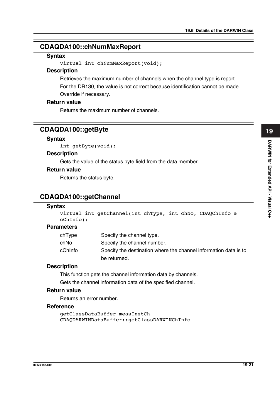 Cdaqda100::chnummaxreport, Cdaqda100::getbyte, Cdaqda100::getchannel | Yokogawa PC-Based MX100 User Manual | Page 1015 / 1264