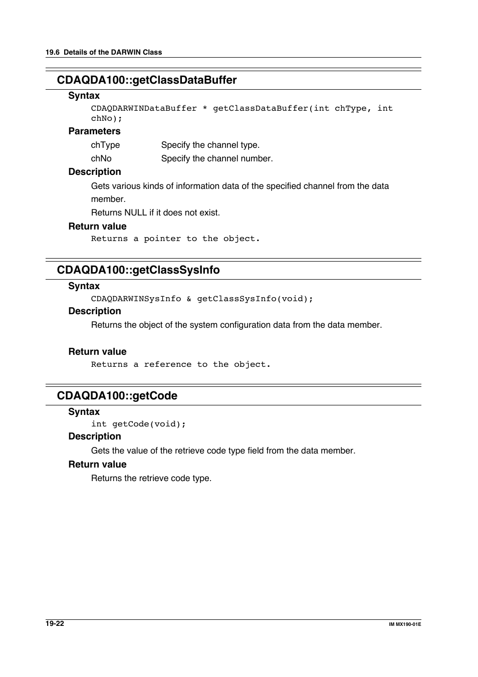 Cdaqda100::getclassdatabuffer, Cdaqda100::getclasssysinfo, Cdaqda100::getcode | Yokogawa PC-Based MX100 User Manual | Page 1016 / 1264