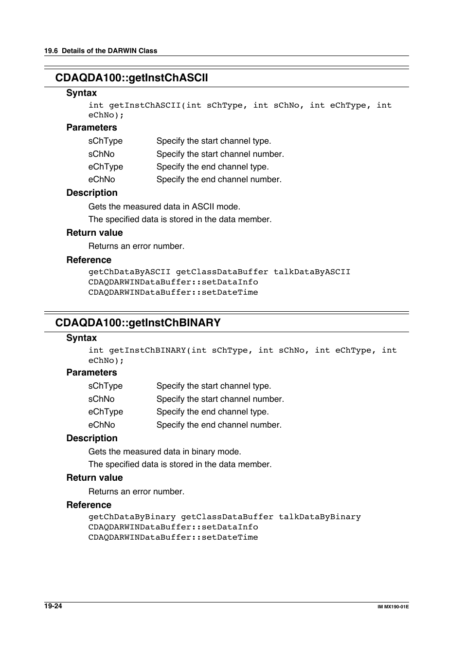 Cdaqda100::getinstchascii, Cdaqda100::getinstchbinary | Yokogawa PC-Based MX100 User Manual | Page 1018 / 1264