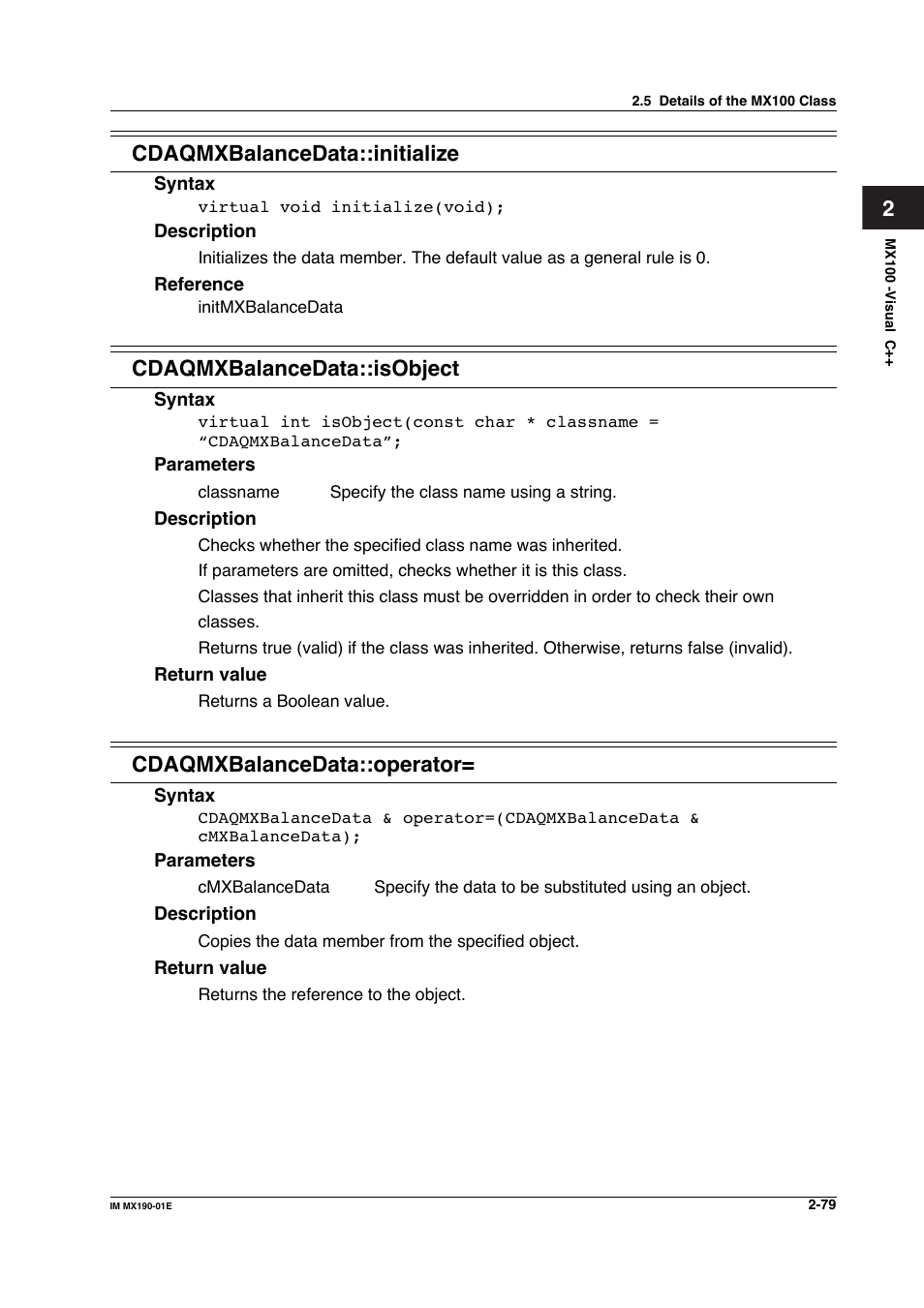2cdaqmxbalancedata::initialize, Cdaqmxbalancedata::isobject, Cdaqmxbalancedata::operator | Yokogawa PC-Based MX100 User Manual | Page 102 / 1264