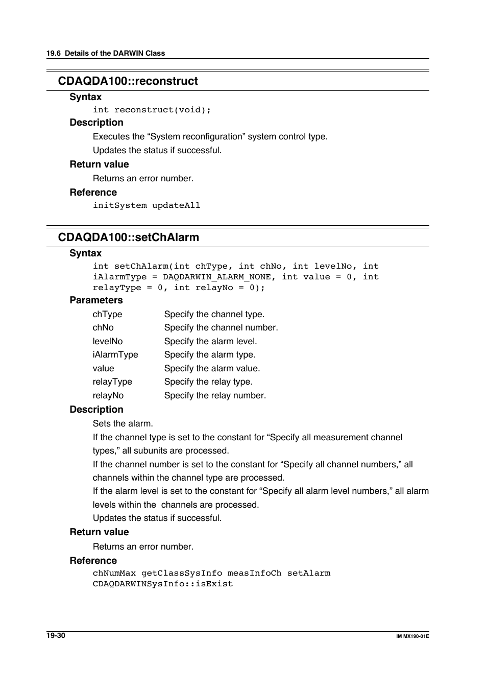 Cdaqda100::reconstruct, Cdaqda100::setchalarm | Yokogawa PC-Based MX100 User Manual | Page 1024 / 1264