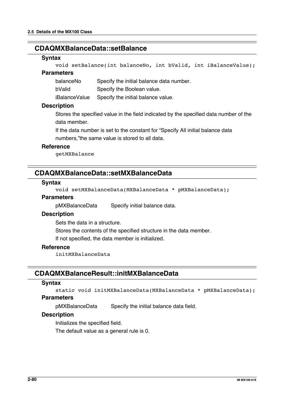 Cdaqmxbalancedata::setbalance, Cdaqmxbalancedata::setmxbalancedata, Cdaqmxbalanceresult::initmxbalancedata | Yokogawa PC-Based MX100 User Manual | Page 103 / 1264