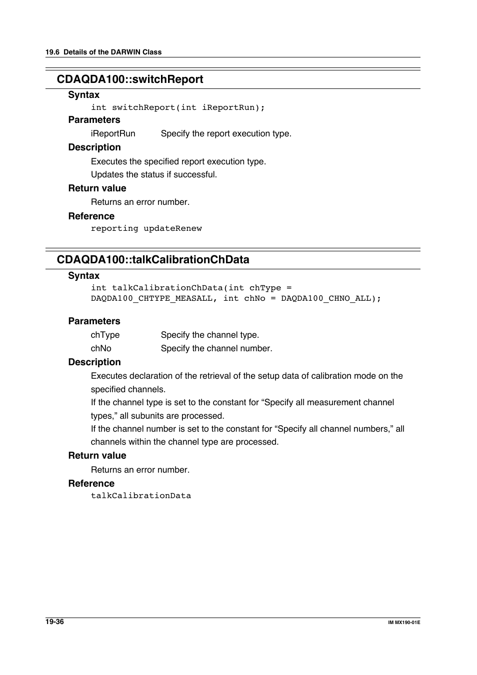 Cdaqda100::switchreport, Cdaqda100::talkcalibrationchdata | Yokogawa PC-Based MX100 User Manual | Page 1030 / 1264