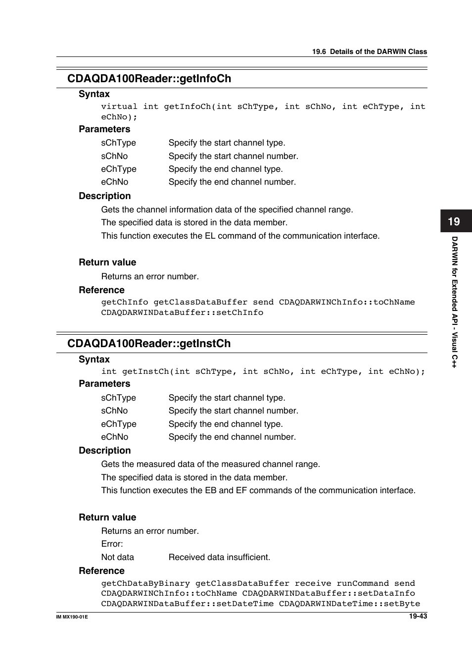 Cdaqda100reader::getinfoch, Cdaqda100reader::getinstch | Yokogawa PC-Based MX100 User Manual | Page 1037 / 1264