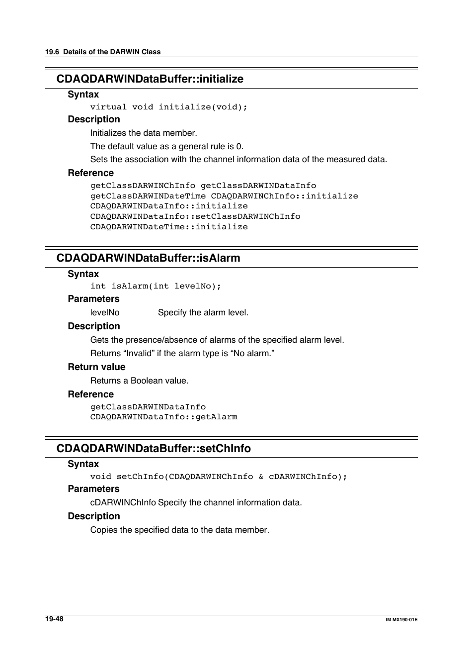 Cdaqdarwindatabuffer::initialize, Cdaqdarwindatabuffer::isalarm, Cdaqdarwindatabuffer::setchinfo | Yokogawa PC-Based MX100 User Manual | Page 1042 / 1264