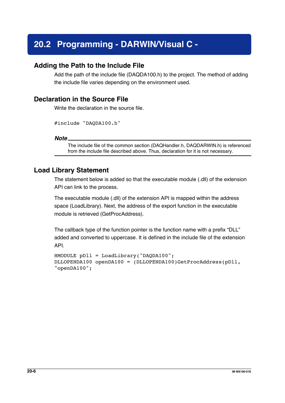 2 programming - darwin/visual c, Programming - darwin/visual c -6, Adding the path to the include file | Declaration in the source file, Load library statement | Yokogawa PC-Based MX100 User Manual | Page 1049 / 1264