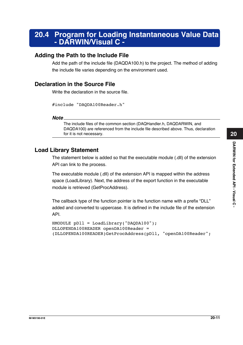 Adding the path to the include file, Declaration in the source file, Load library statement | Yokogawa PC-Based MX100 User Manual | Page 1054 / 1264