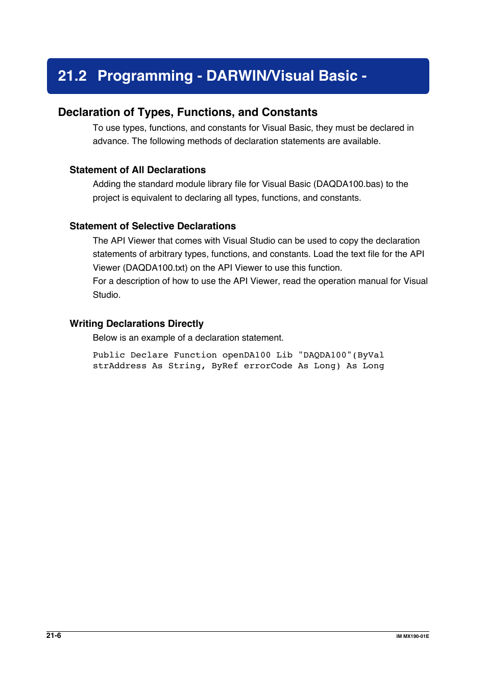 2 programming - darwin/visual basic, Programming - darwin/visual basic -6, Declaration of types, functions, and constants | Yokogawa PC-Based MX100 User Manual | Page 1062 / 1264