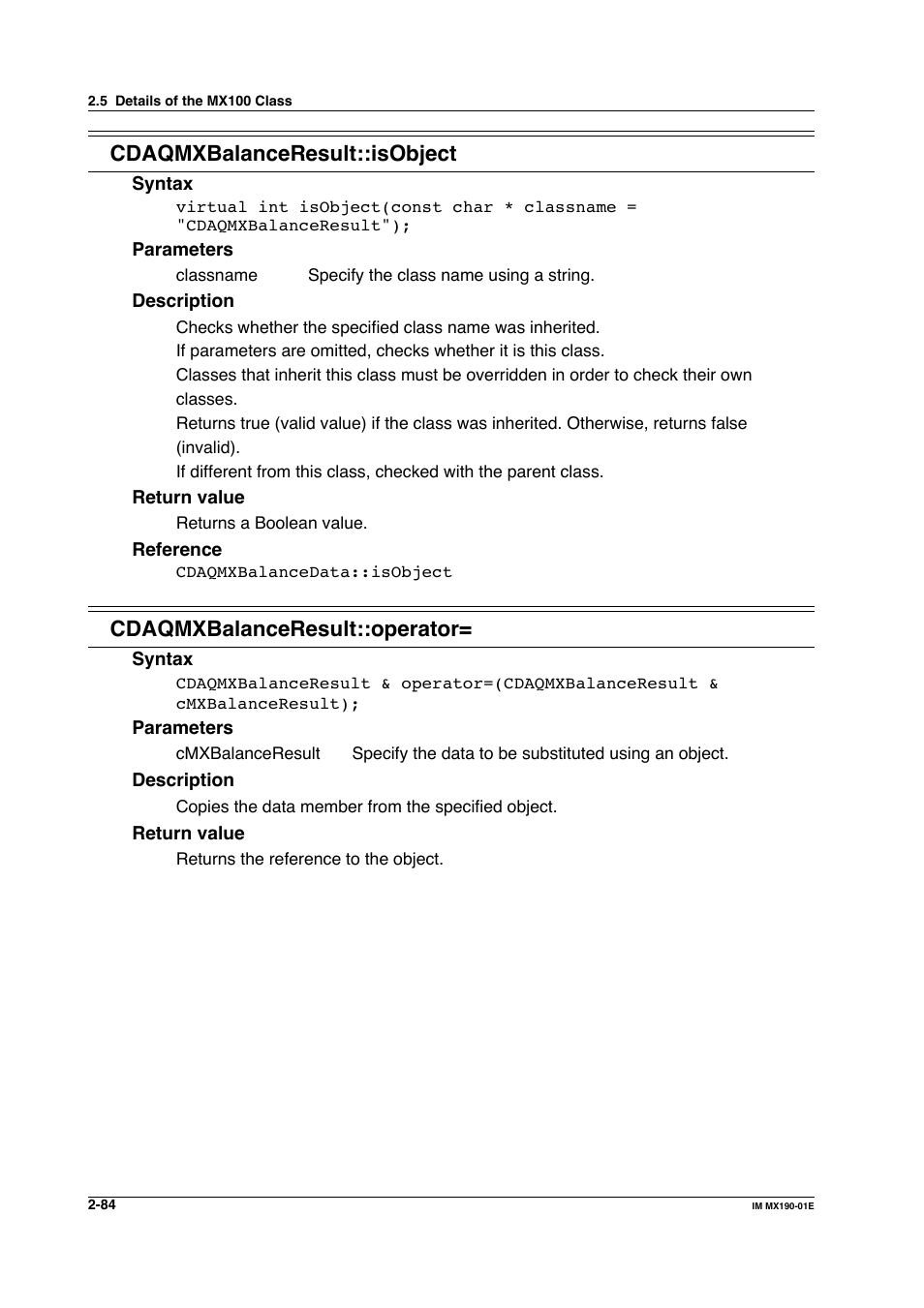 Cdaqmxbalanceresult::isobject, Cdaqmxbalanceresult::operator | Yokogawa PC-Based MX100 User Manual | Page 107 / 1264