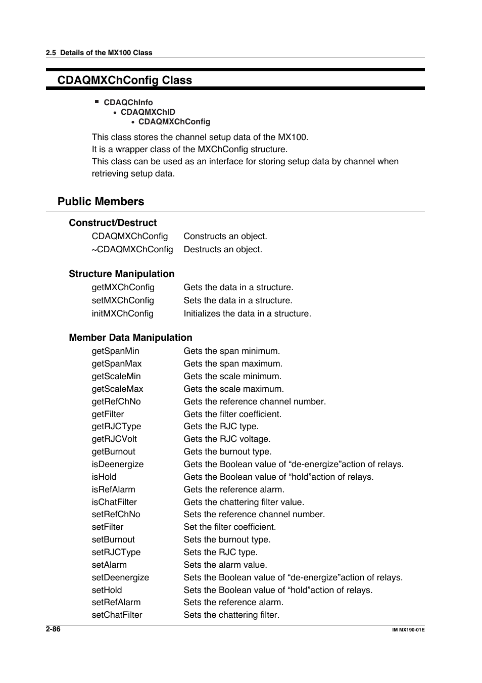 Cdaqmxchconfig class, Public members | Yokogawa PC-Based MX100 User Manual | Page 109 / 1264