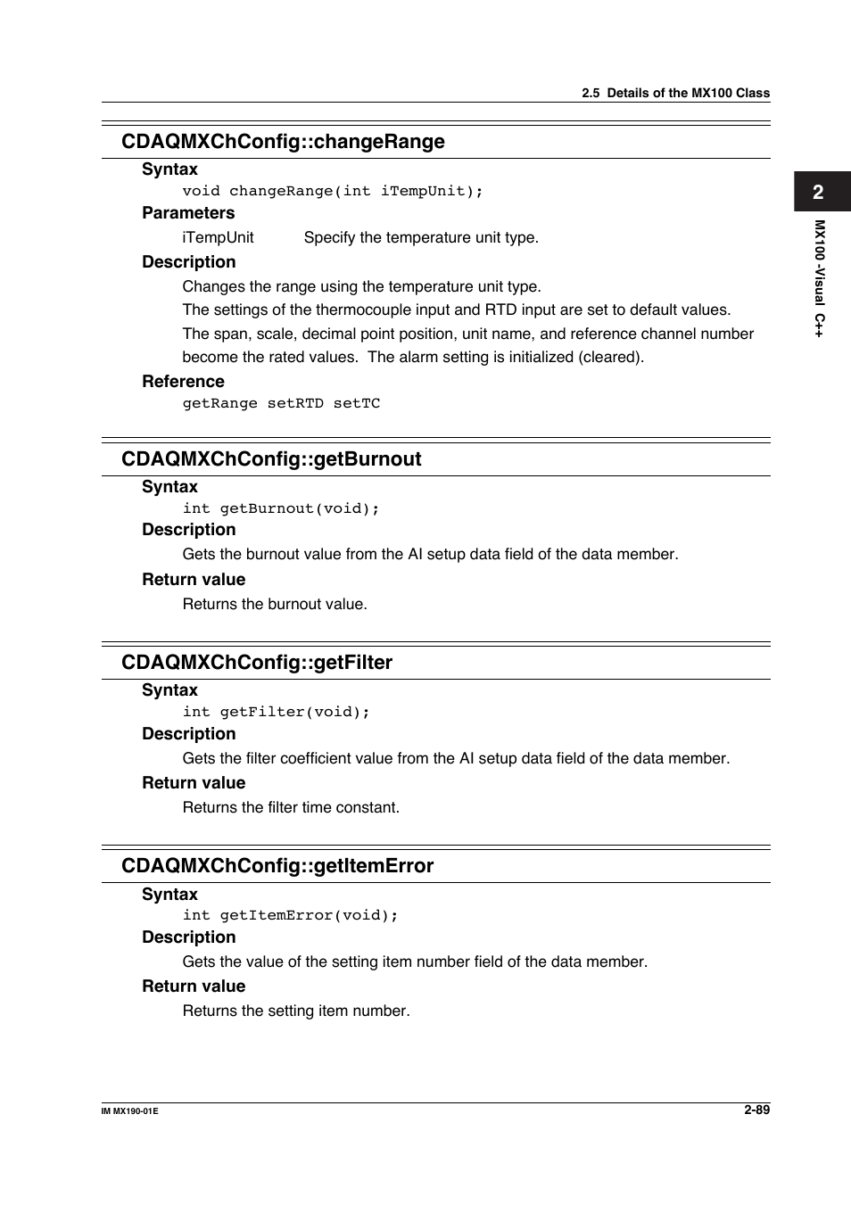 2cdaqmxchconfig::changerange, Cdaqmxchconfig::getburnout, Cdaqmxchconfig::getfilter | Cdaqmxchconfig::getitemerror | Yokogawa PC-Based MX100 User Manual | Page 112 / 1264