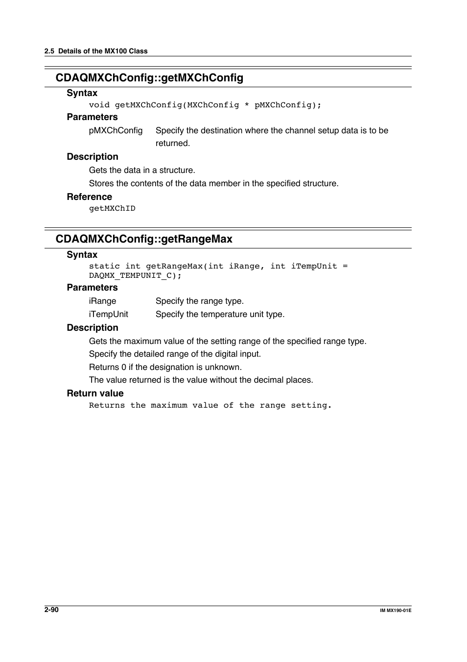 Cdaqmxchconfig::getmxchconfig, Cdaqmxchconfig::getrangemax | Yokogawa PC-Based MX100 User Manual | Page 113 / 1264