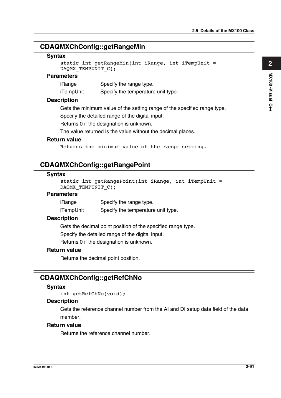 2cdaqmxchconfig::getrangemin, Cdaqmxchconfig::getrangepoint, Cdaqmxchconfig::getrefchno | Yokogawa PC-Based MX100 User Manual | Page 114 / 1264