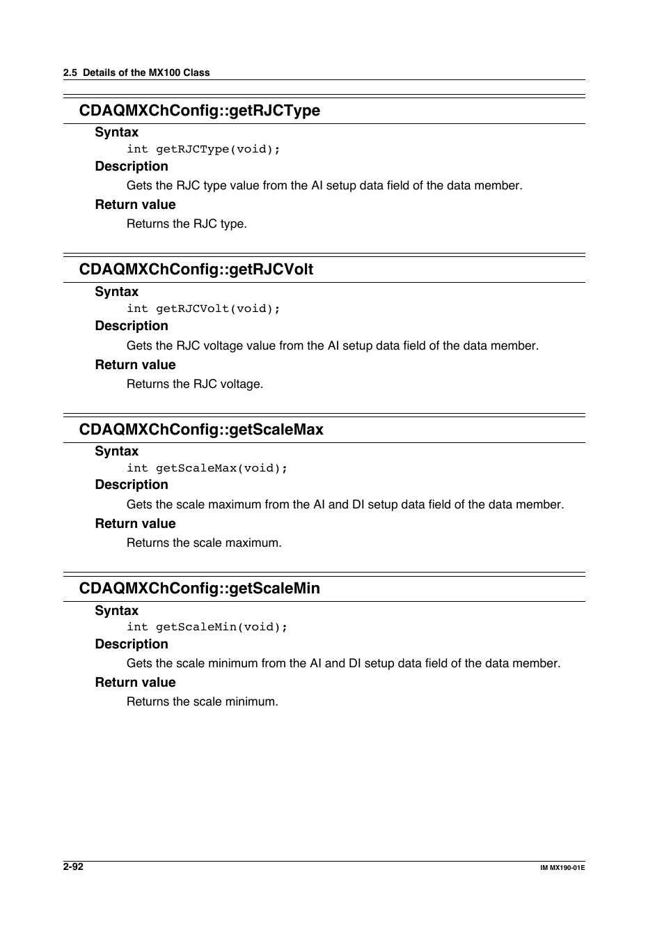 Cdaqmxchconfig::getrjctype, Cdaqmxchconfig::getrjcvolt, Cdaqmxchconfig::getscalemax | Cdaqmxchconfig::getscalemin | Yokogawa PC-Based MX100 User Manual | Page 115 / 1264