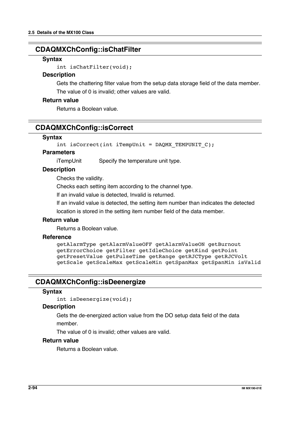 Cdaqmxchconfig::ischatfilter, Cdaqmxchconfig::iscorrect, Cdaqmxchconfig::isdeenergize | Yokogawa PC-Based MX100 User Manual | Page 117 / 1264