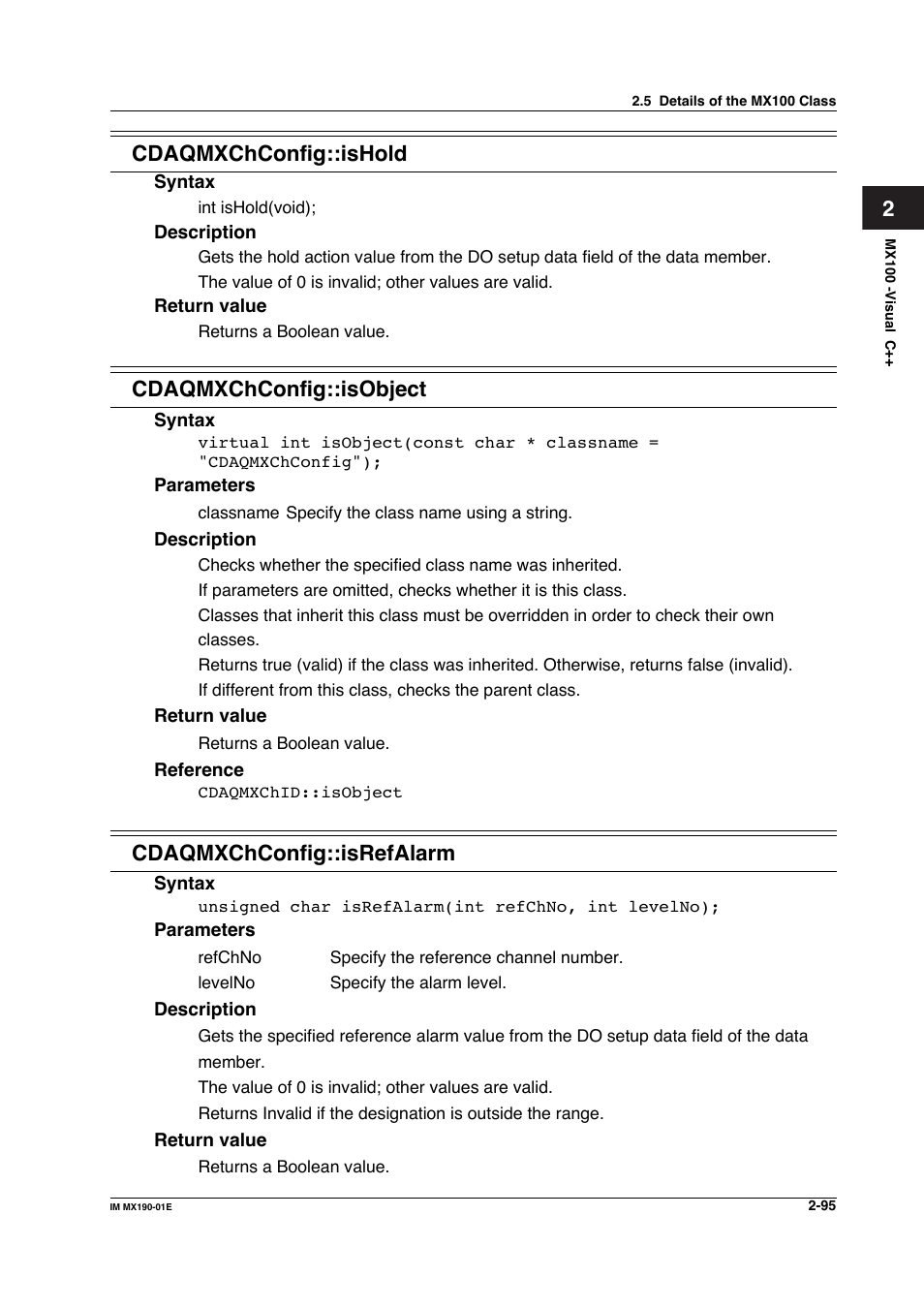 2cdaqmxchconfig::ishold, Cdaqmxchconfig::isobject, Cdaqmxchconfig::isrefalarm | Yokogawa PC-Based MX100 User Manual | Page 118 / 1264