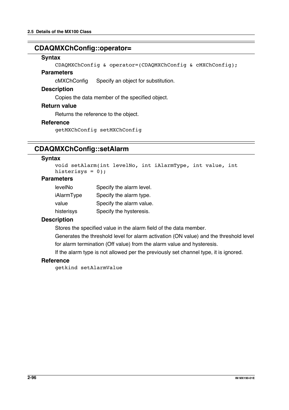 Cdaqmxchconfig::operator, Cdaqmxchconfig::setalarm | Yokogawa PC-Based MX100 User Manual | Page 119 / 1264