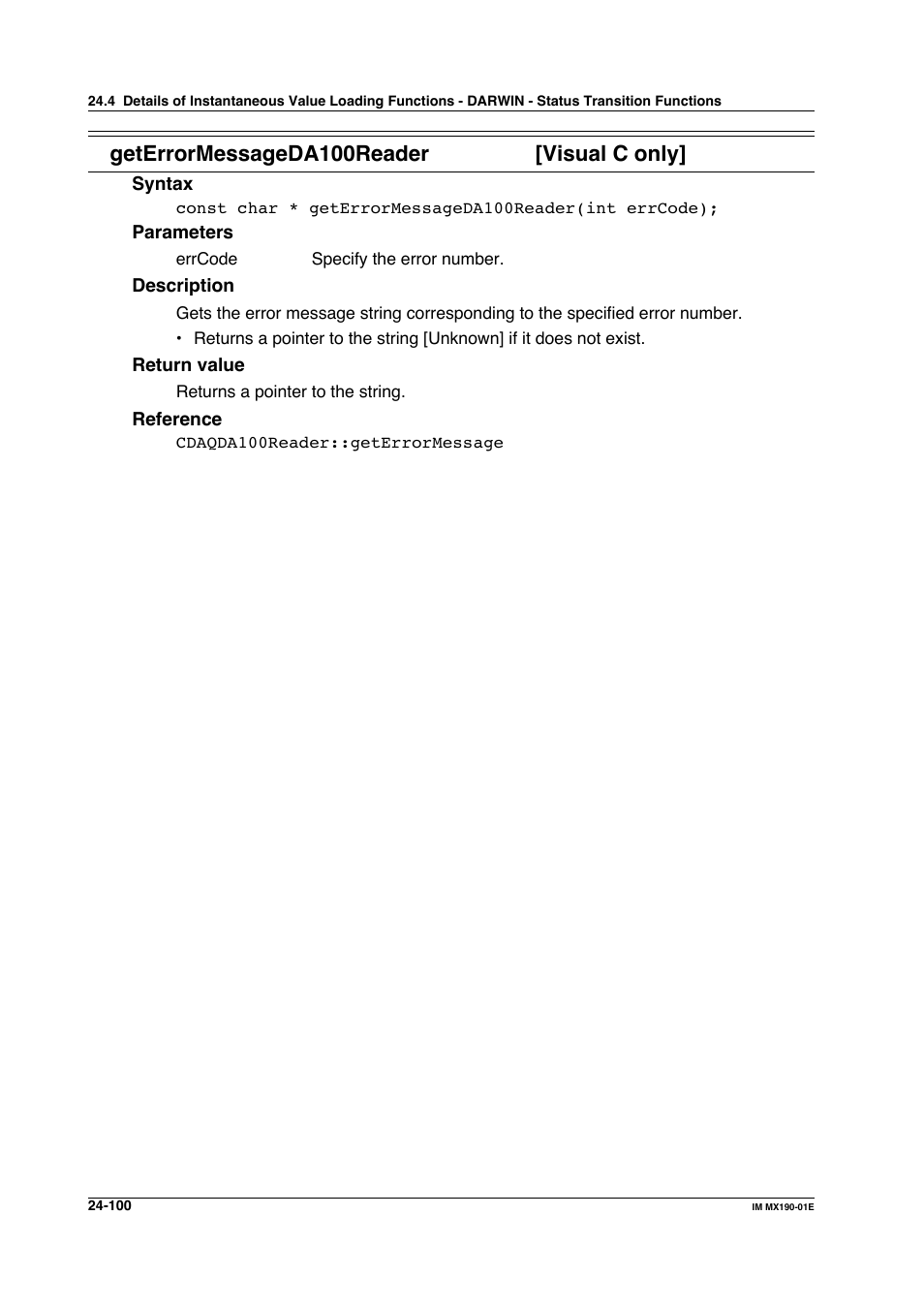 Geterrormessageda100reader [visual c only | Yokogawa PC-Based MX100 User Manual | Page 1191 / 1264