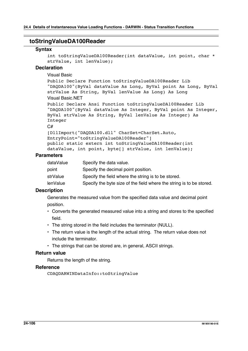 Tostringvalueda100reader | Yokogawa PC-Based MX100 User Manual | Page 1197 / 1264