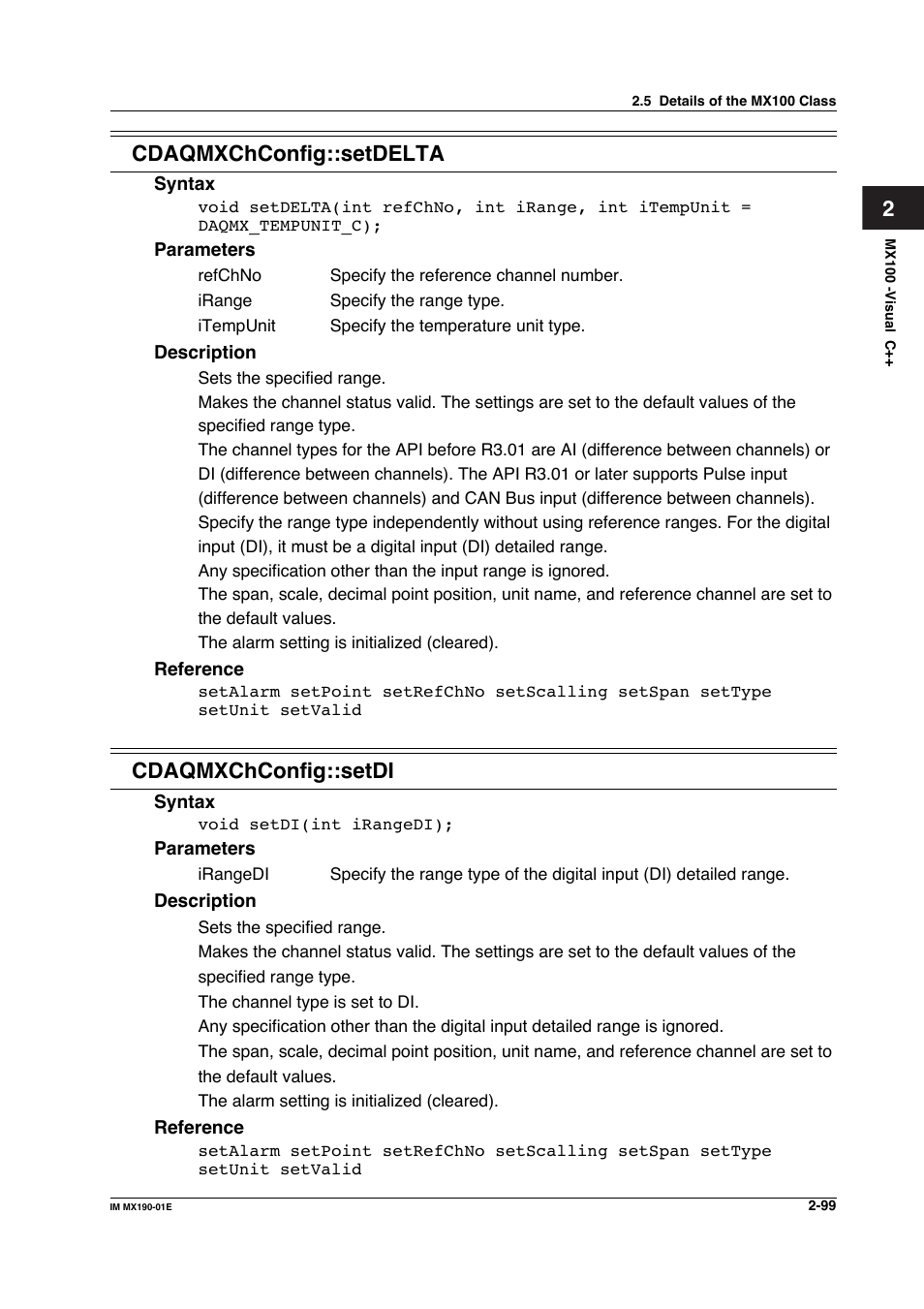 2cdaqmxchconfig::setdelta, Cdaqmxchconfig::setdi | Yokogawa PC-Based MX100 User Manual | Page 122 / 1264