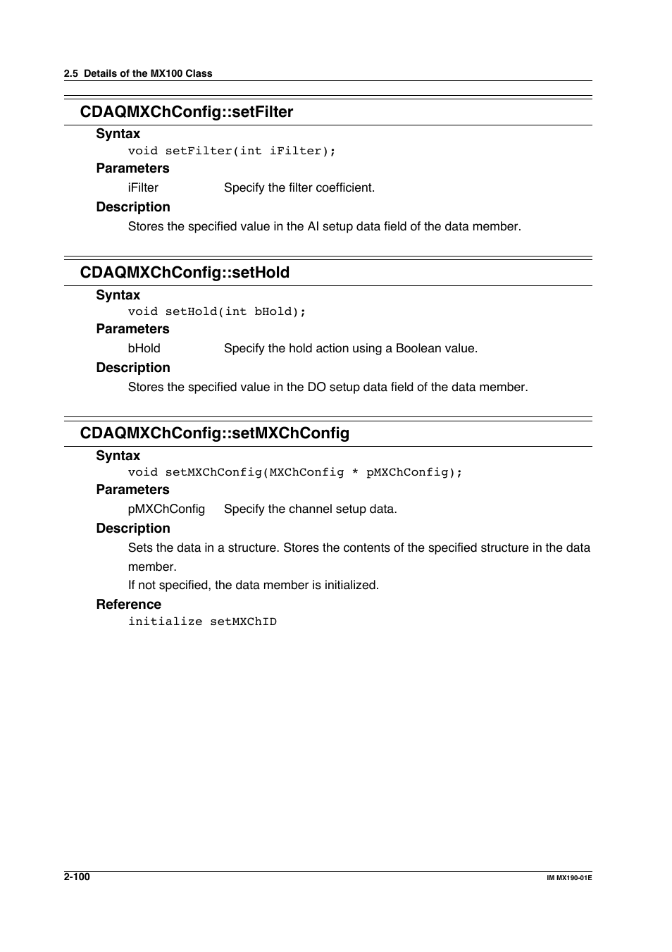 Cdaqmxchconfig::setfilter, Cdaqmxchconfig::sethold, Cdaqmxchconfig::setmxchconfig | Yokogawa PC-Based MX100 User Manual | Page 123 / 1264