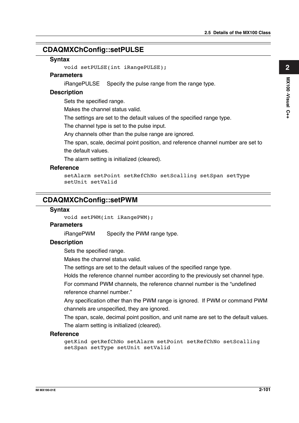 2cdaqmxchconfig::setpulse, Cdaqmxchconfig::setpwm | Yokogawa PC-Based MX100 User Manual | Page 124 / 1264