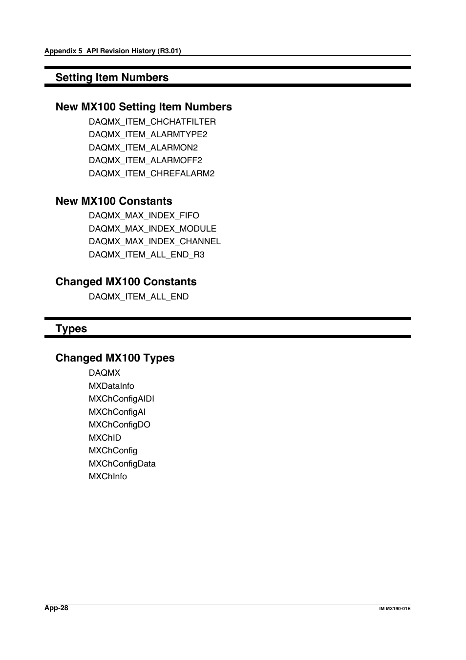 New mx100 constants, Changed mx100 constants, Types changed mx100 types | Yokogawa PC-Based MX100 User Manual | Page 1249 / 1264