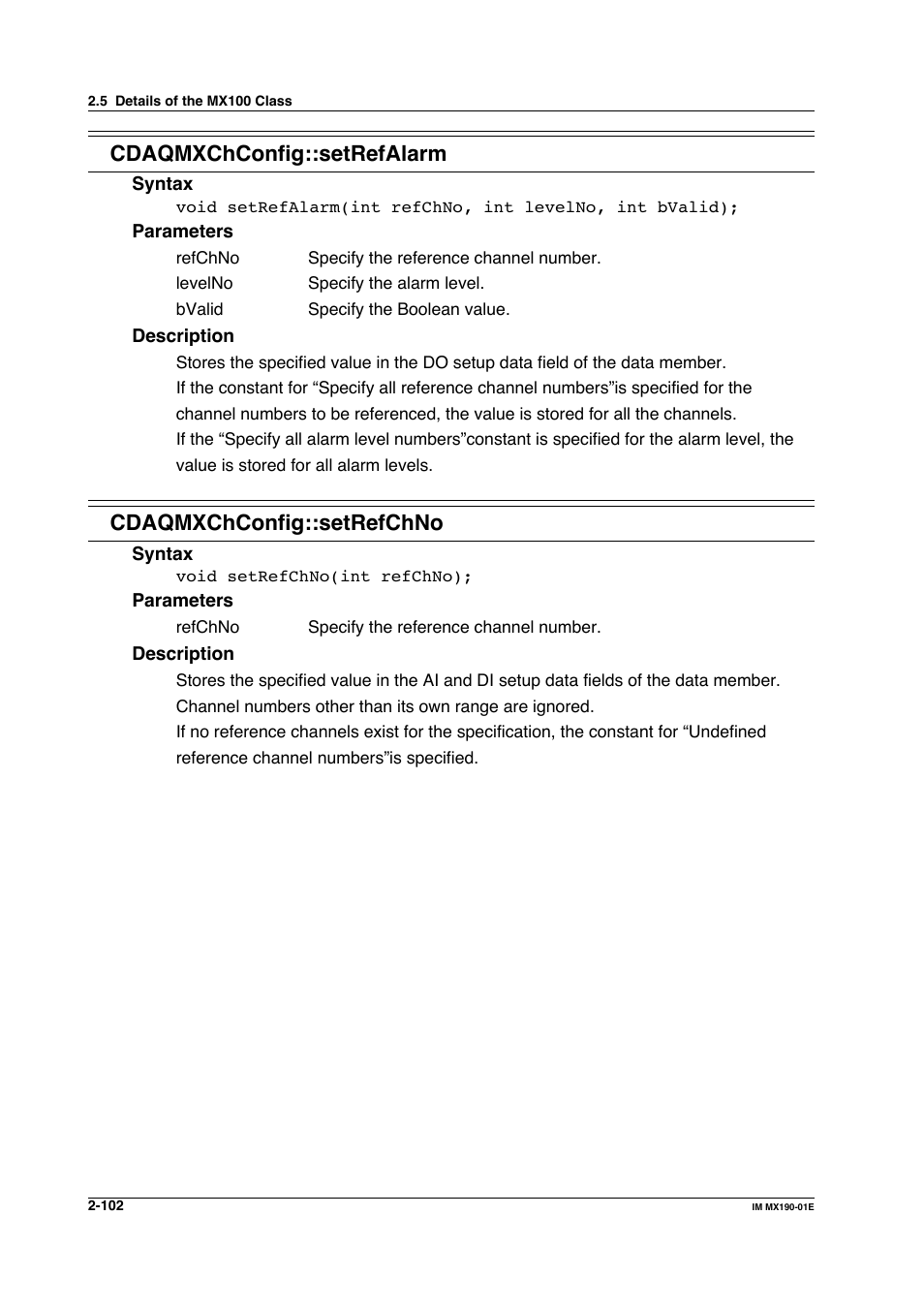 Cdaqmxchconfig::setrefalarm, Cdaqmxchconfig::setrefchno | Yokogawa PC-Based MX100 User Manual | Page 125 / 1264