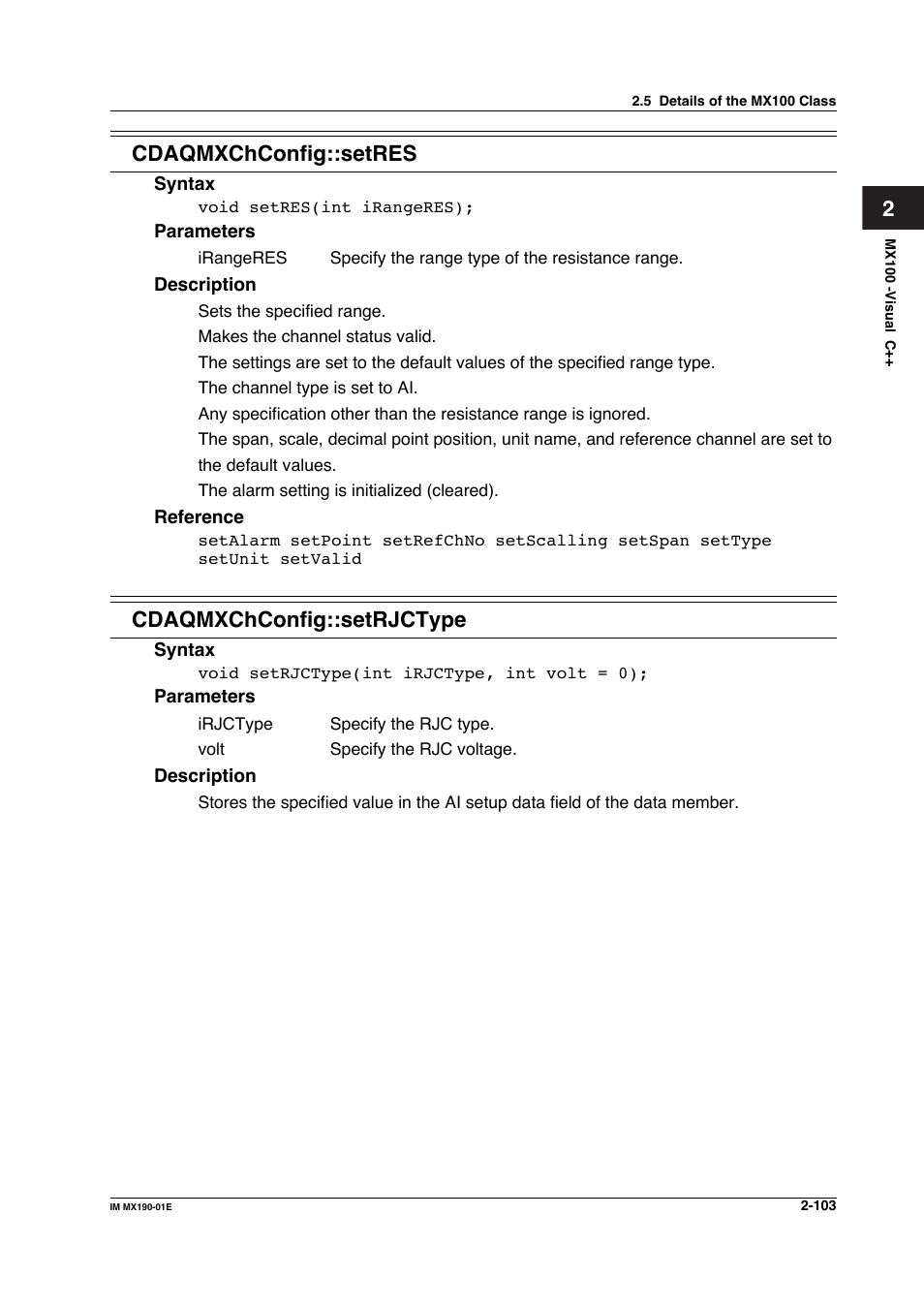 2cdaqmxchconfig::setres, Cdaqmxchconfig::setrjctype | Yokogawa PC-Based MX100 User Manual | Page 126 / 1264
