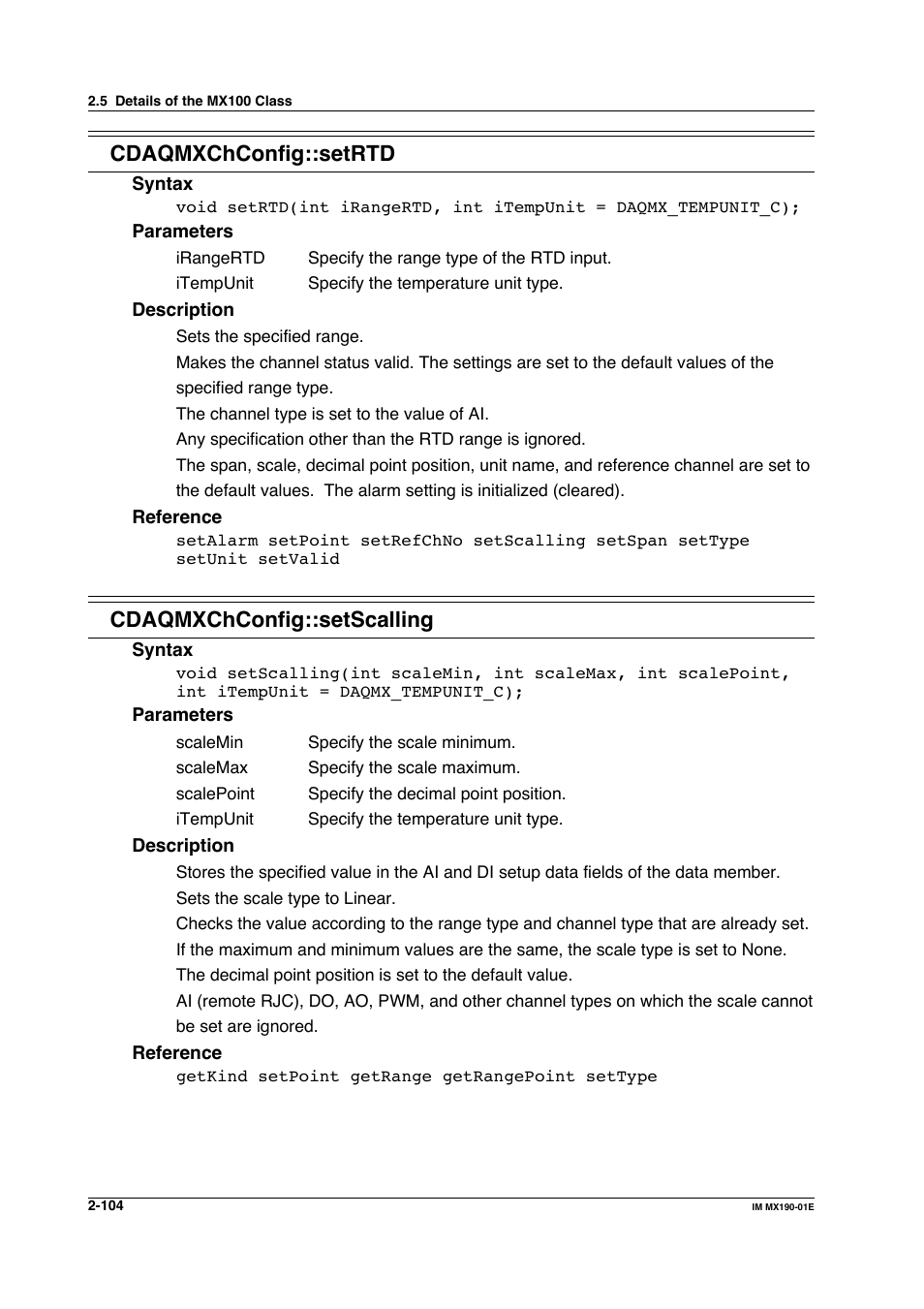 Cdaqmxchconfig::setrtd, Cdaqmxchconfig::setscalling | Yokogawa PC-Based MX100 User Manual | Page 127 / 1264