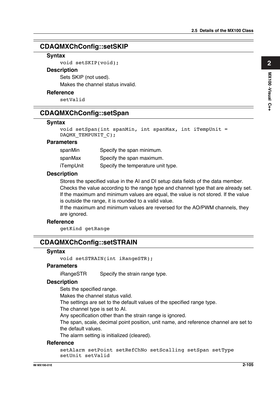 2cdaqmxchconfig::setskip, Cdaqmxchconfig::setspan, Cdaqmxchconfig::setstrain | Yokogawa PC-Based MX100 User Manual | Page 128 / 1264