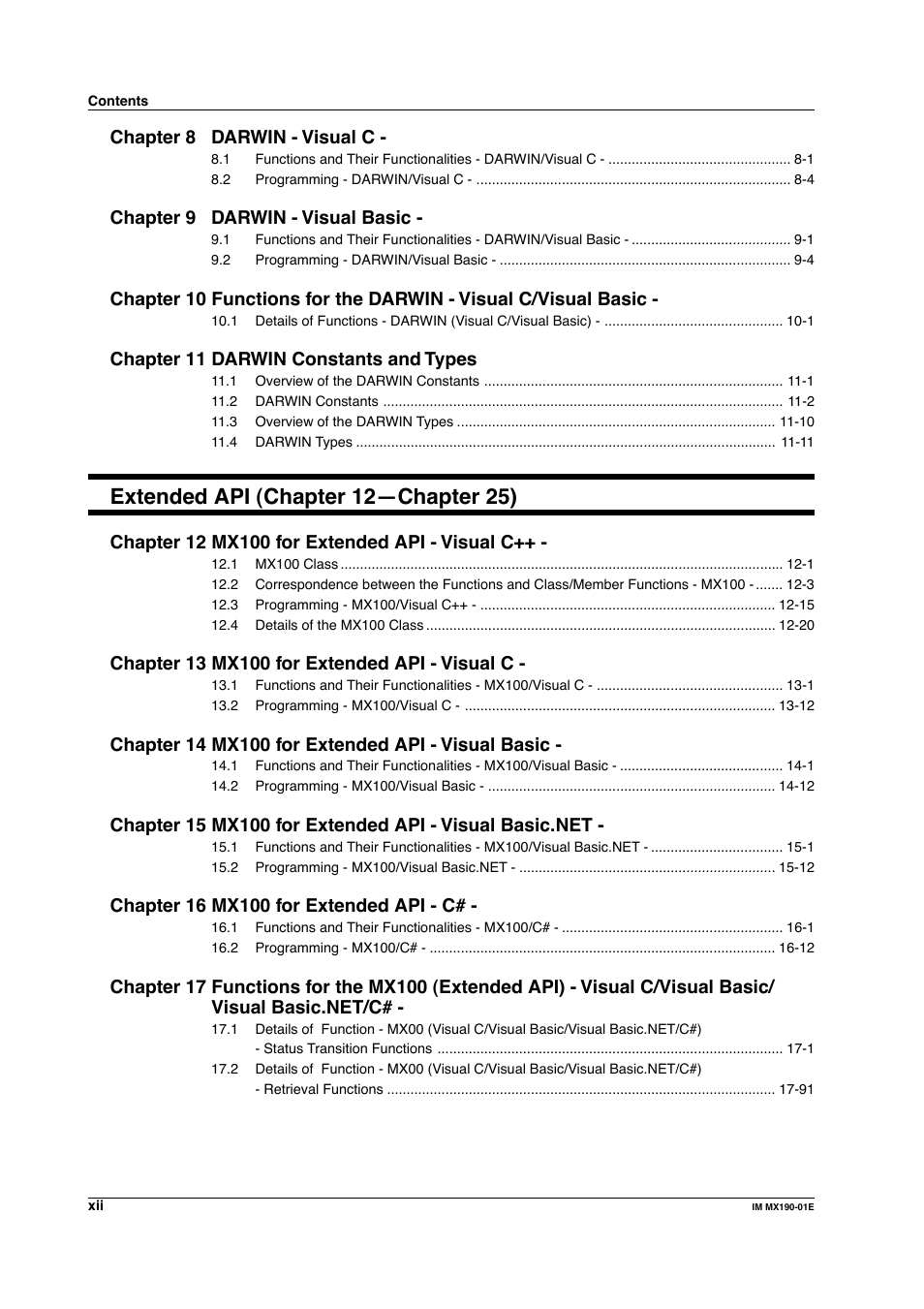 Extended api (chapter 12—chapter 25), Chapter 8 darwin - visual c, Chapter 9 darwin - visual basic | Chapter 11 darwin constants and types | Yokogawa PC-Based MX100 User Manual | Page 13 / 1264