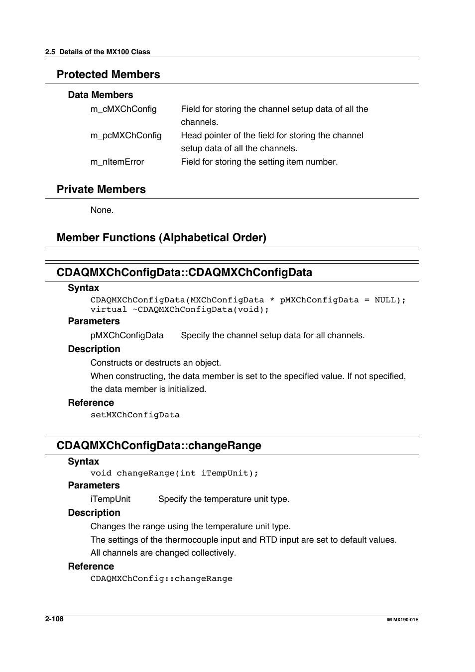 Protected members, Private members, Cdaqmxchconfigdata::changerange | Yokogawa PC-Based MX100 User Manual | Page 131 / 1264