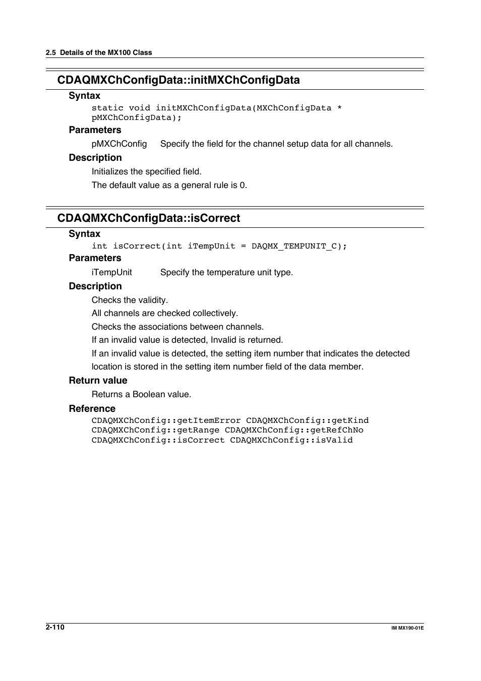 Cdaqmxchconfigdata::initmxchconfigdata, Cdaqmxchconfigdata::iscorrect | Yokogawa PC-Based MX100 User Manual | Page 133 / 1264