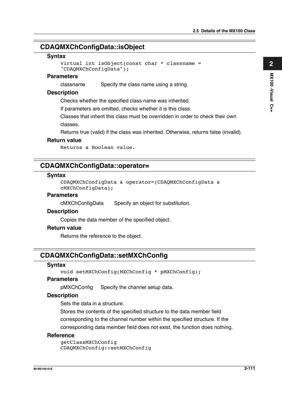 2cdaqmxchconfigdata::isobject, Cdaqmxchconfigdata::operator, Cdaqmxchconfigdata::setmxchconfig | Yokogawa PC-Based MX100 User Manual | Page 134 / 1264