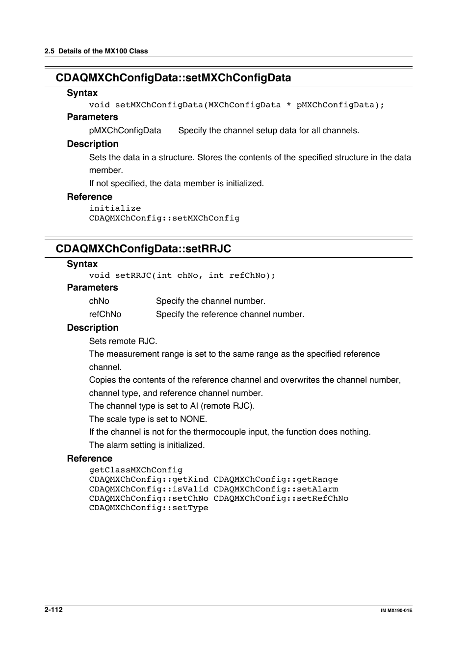 Cdaqmxchconfigdata::setmxchconfigdata, Cdaqmxchconfigdata::setrrjc | Yokogawa PC-Based MX100 User Manual | Page 135 / 1264