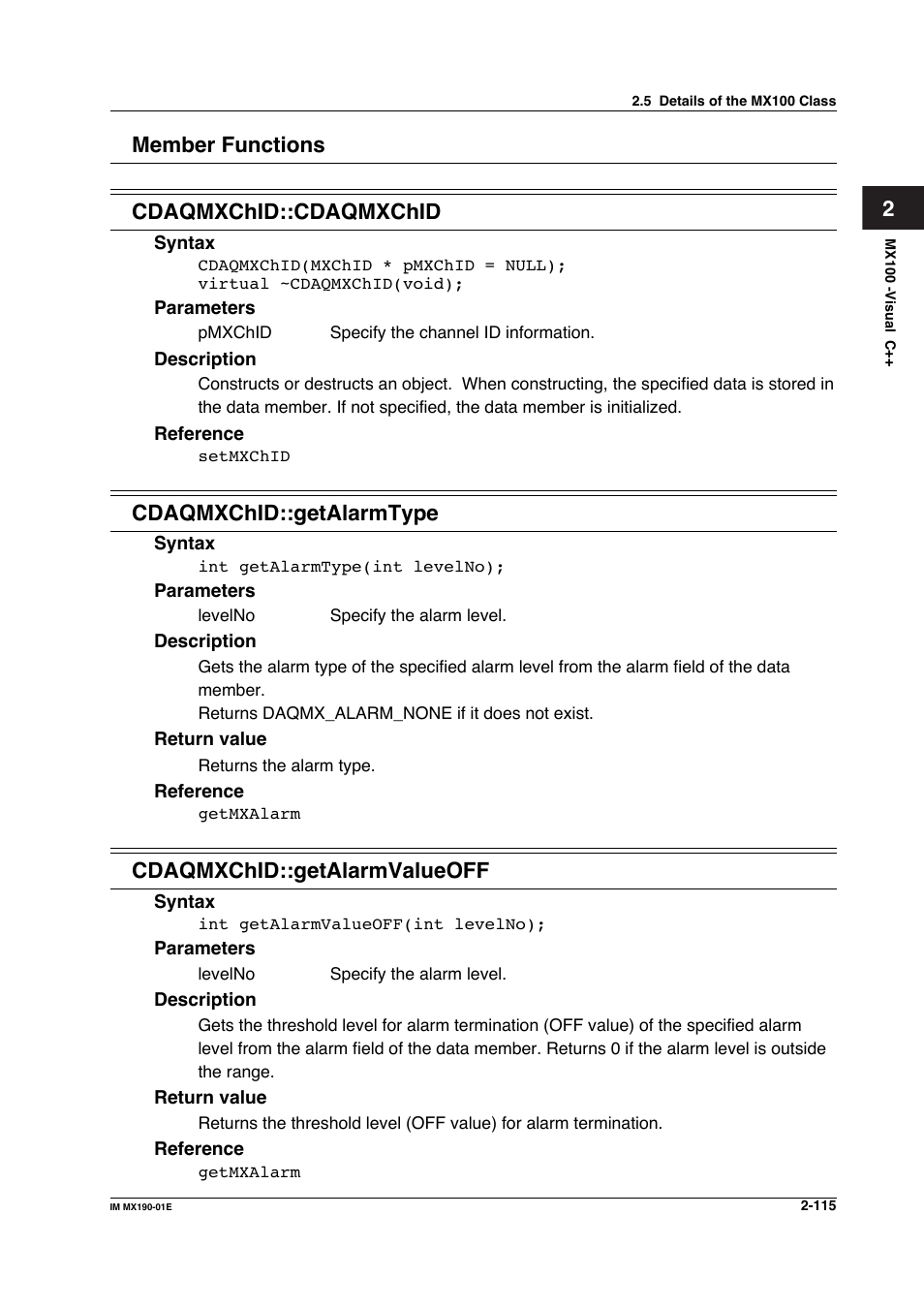 2member functions cdaqmxchid::cdaqmxchid, Cdaqmxchid::getalarmtype, Cdaqmxchid::getalarmvalueoff | Yokogawa PC-Based MX100 User Manual | Page 138 / 1264