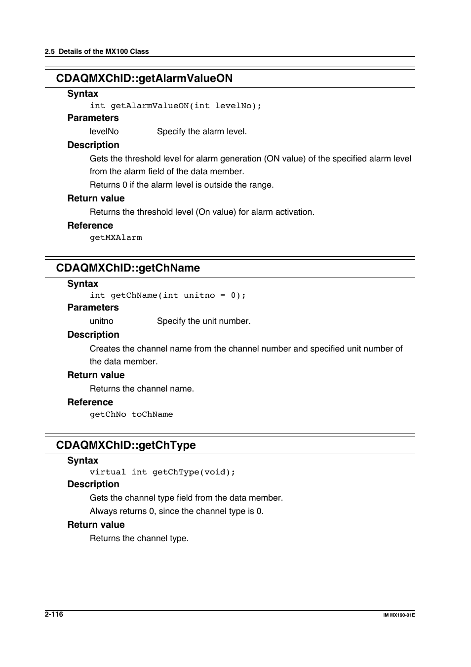 Cdaqmxchid::getalarmvalueon, Cdaqmxchid::getchname, Cdaqmxchid::getchtype | Yokogawa PC-Based MX100 User Manual | Page 139 / 1264