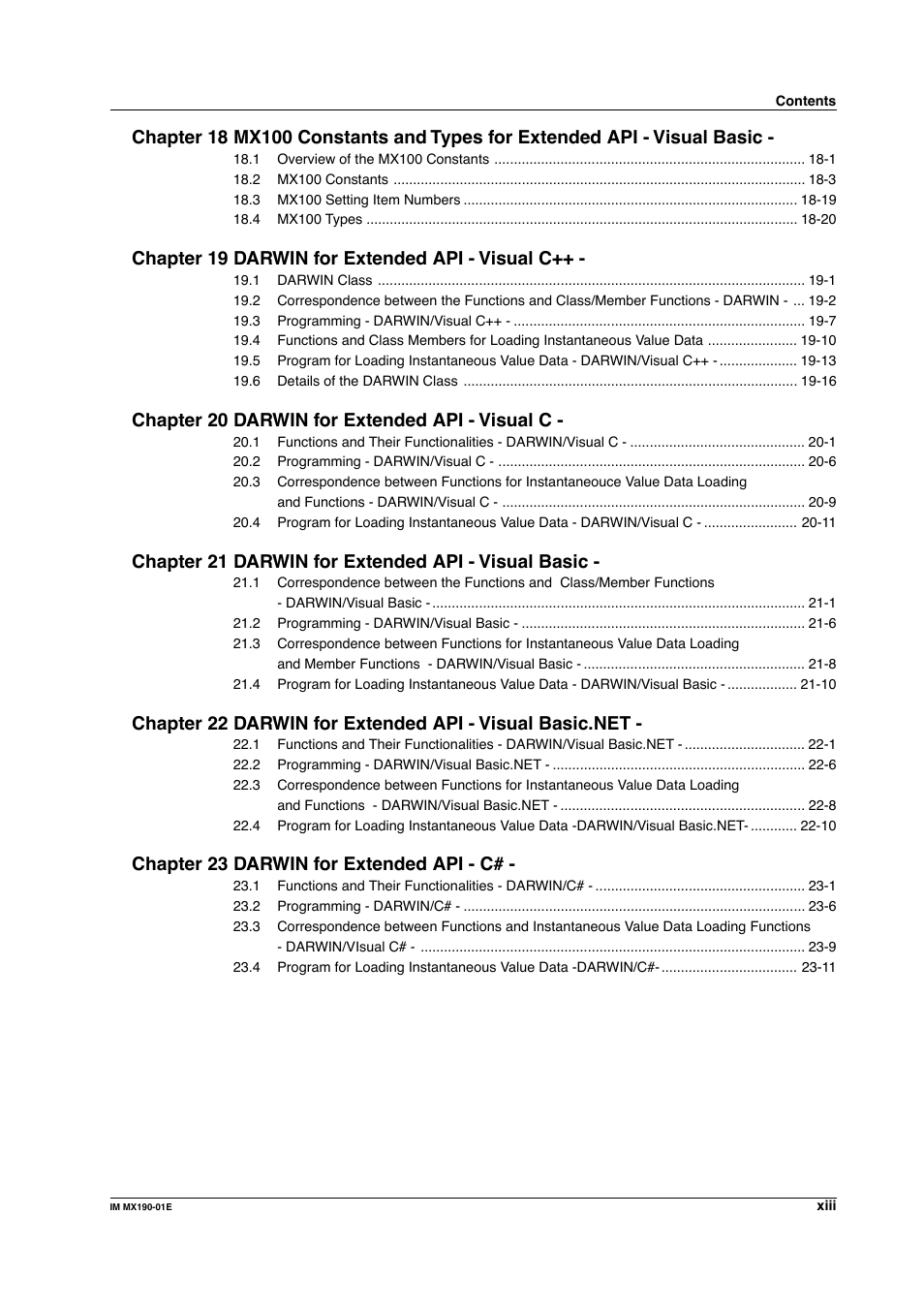 Chapter 19 darwin for extended api - visual c, Chapter 20 darwin for extended api - visual c, Chapter 21 darwin for extended api - visual basic | Chapter 23 darwin for extended api - c | Yokogawa PC-Based MX100 User Manual | Page 14 / 1264