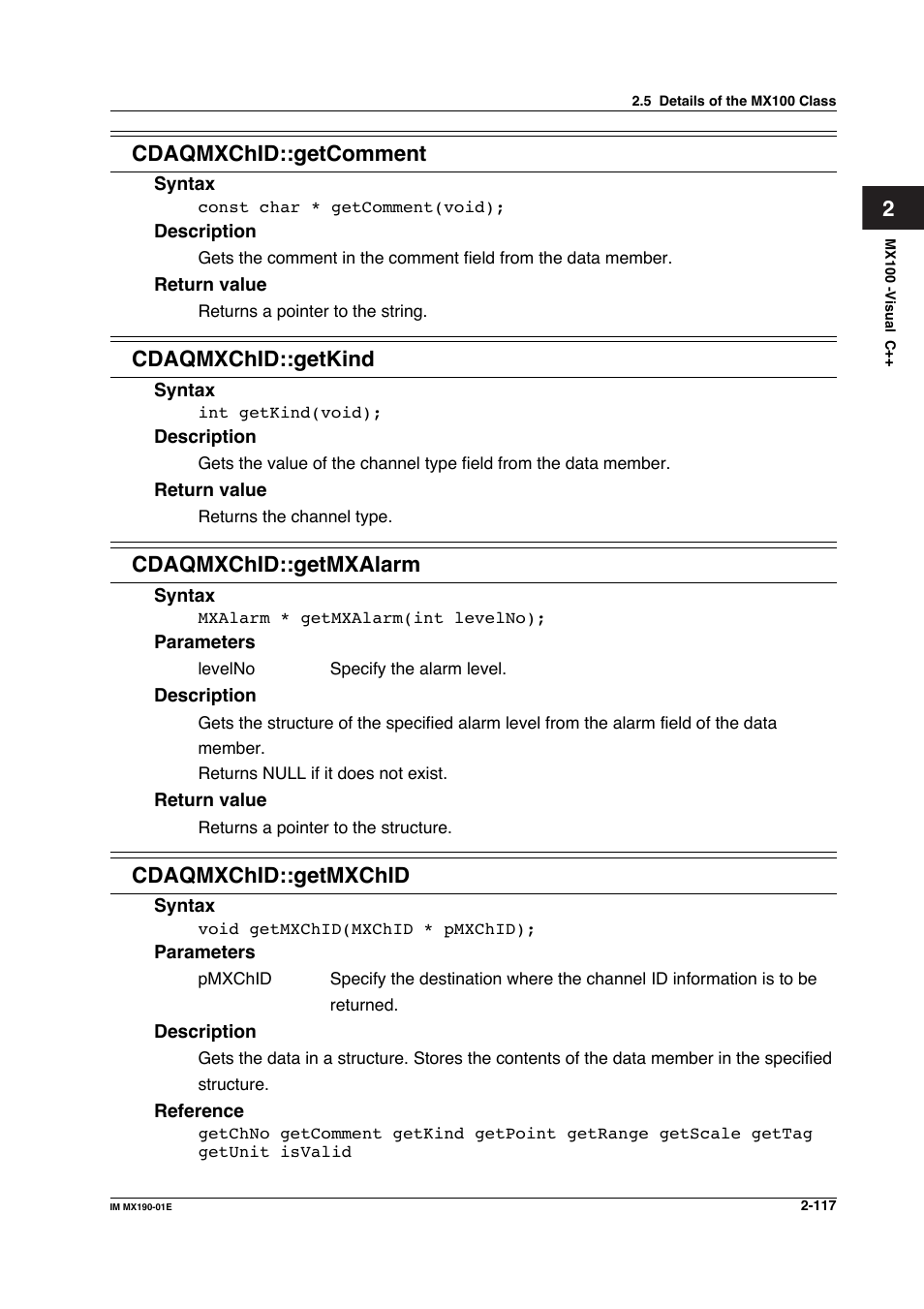 2cdaqmxchid::getcomment, Cdaqmxchid::getkind, Cdaqmxchid::getmxalarm | Cdaqmxchid::getmxchid | Yokogawa PC-Based MX100 User Manual | Page 140 / 1264