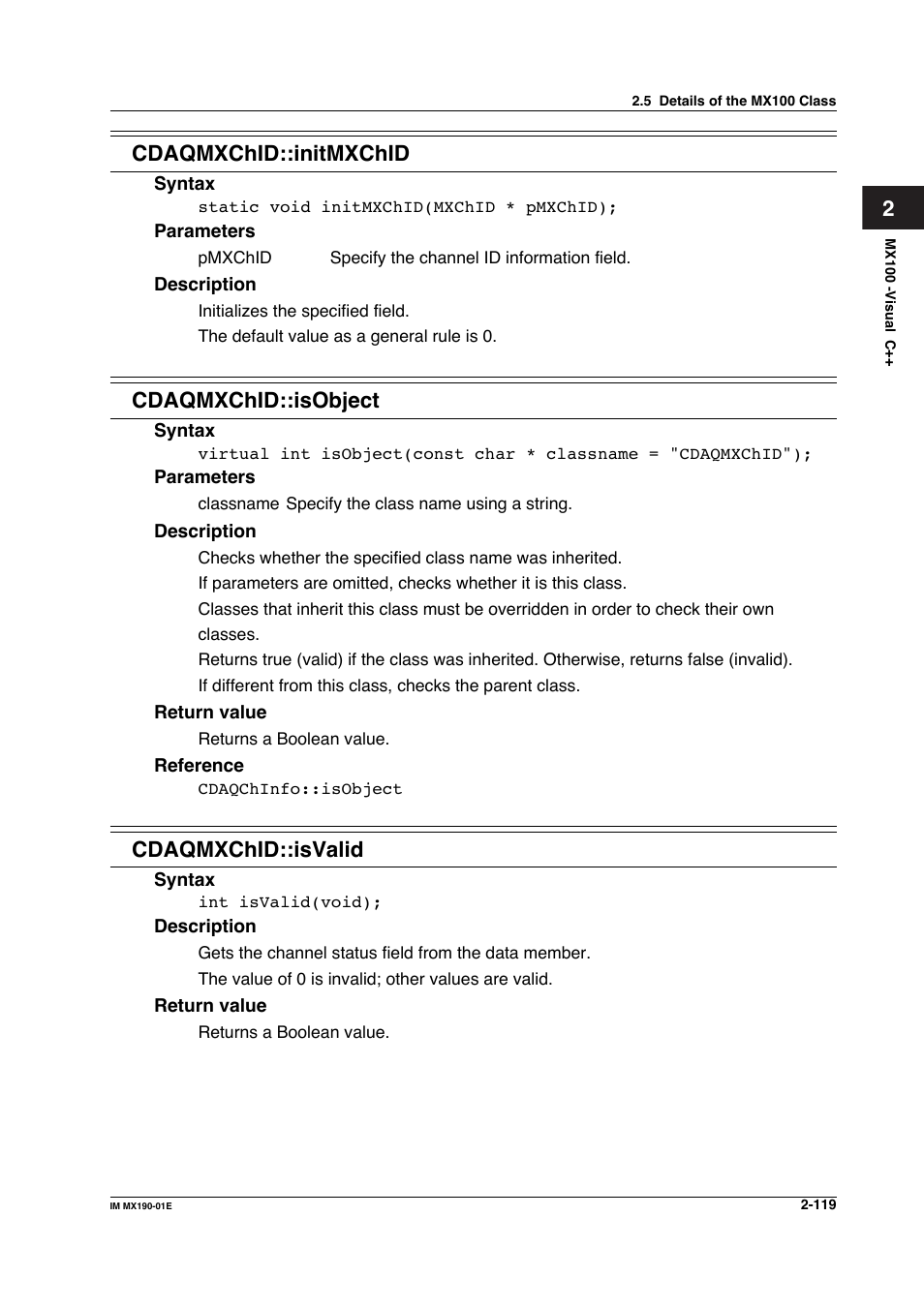 2cdaqmxchid::initmxchid, Cdaqmxchid::isobject, Cdaqmxchid::isvalid | Yokogawa PC-Based MX100 User Manual | Page 142 / 1264