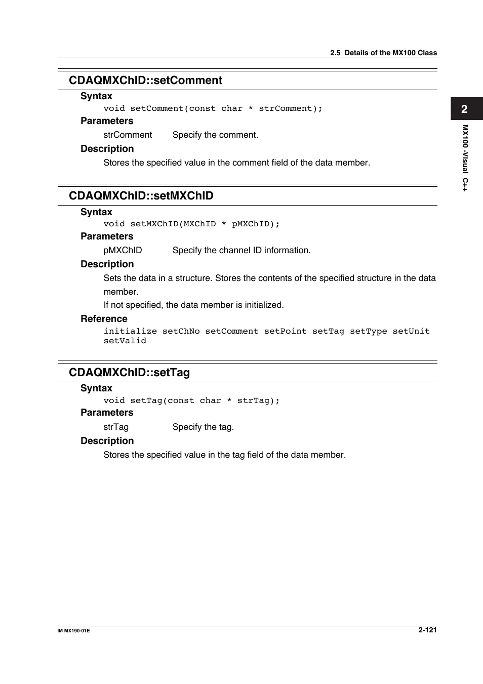 2cdaqmxchid::setcomment, Cdaqmxchid::setmxchid, Cdaqmxchid::settag | Yokogawa PC-Based MX100 User Manual | Page 144 / 1264