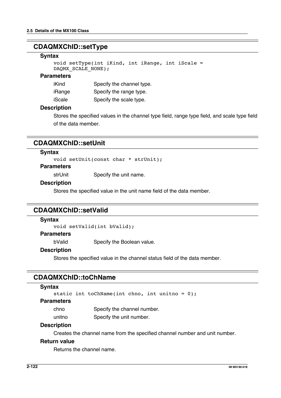 Cdaqmxchid::settype, Cdaqmxchid::setunit, Cdaqmxchid::setvalid | Cdaqmxchid::tochname | Yokogawa PC-Based MX100 User Manual | Page 145 / 1264